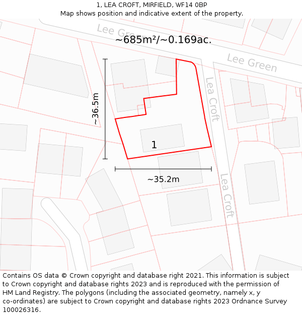 1, LEA CROFT, MIRFIELD, WF14 0BP: Plot and title map