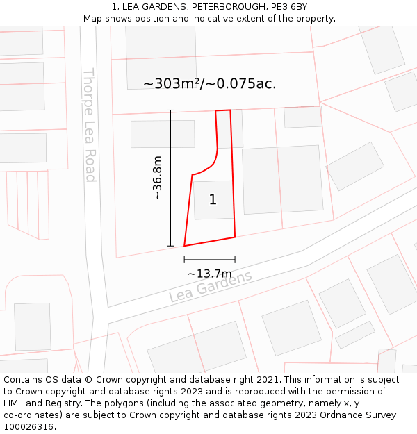 1, LEA GARDENS, PETERBOROUGH, PE3 6BY: Plot and title map