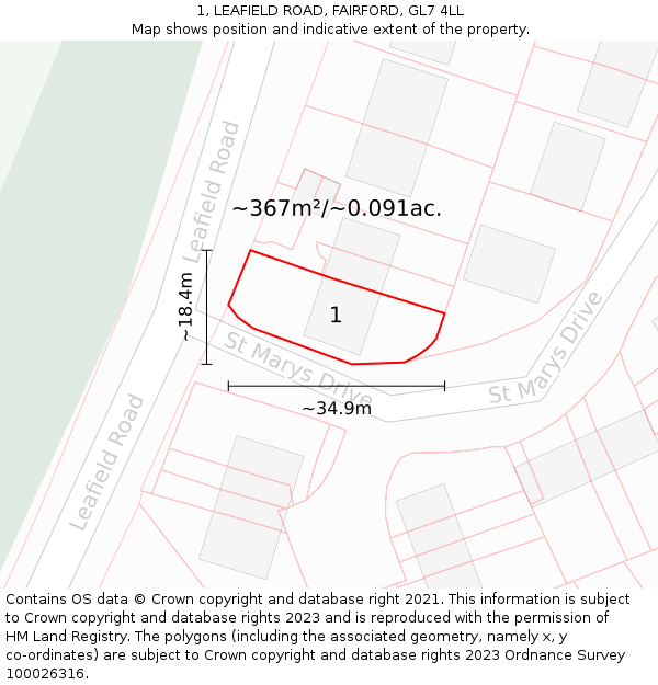 1, LEAFIELD ROAD, FAIRFORD, GL7 4LL: Plot and title map