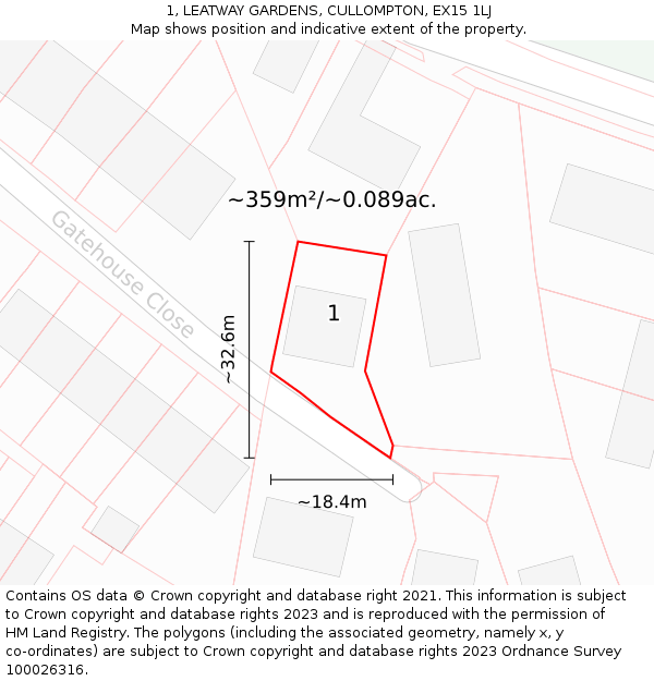 1, LEATWAY GARDENS, CULLOMPTON, EX15 1LJ: Plot and title map