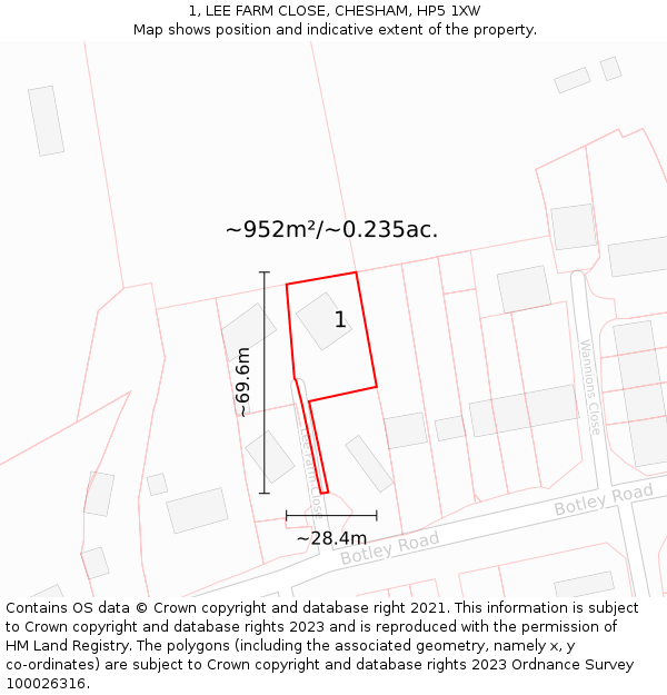 1, LEE FARM CLOSE, CHESHAM, HP5 1XW: Plot and title map