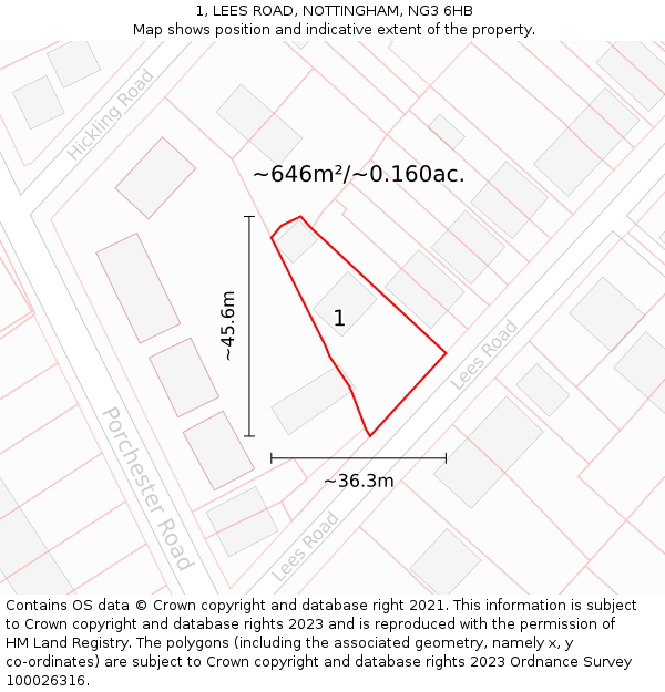 1, LEES ROAD, NOTTINGHAM, NG3 6HB: Plot and title map