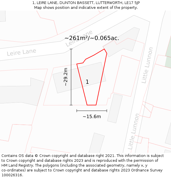 1, LEIRE LANE, DUNTON BASSETT, LUTTERWORTH, LE17 5JP: Plot and title map