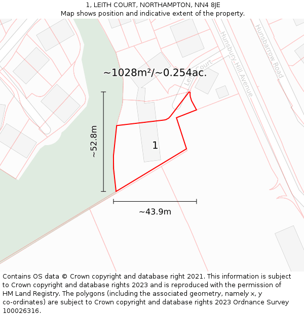 1, LEITH COURT, NORTHAMPTON, NN4 8JE: Plot and title map