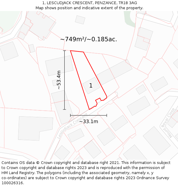 1, LESCUDJACK CRESCENT, PENZANCE, TR18 3AG: Plot and title map