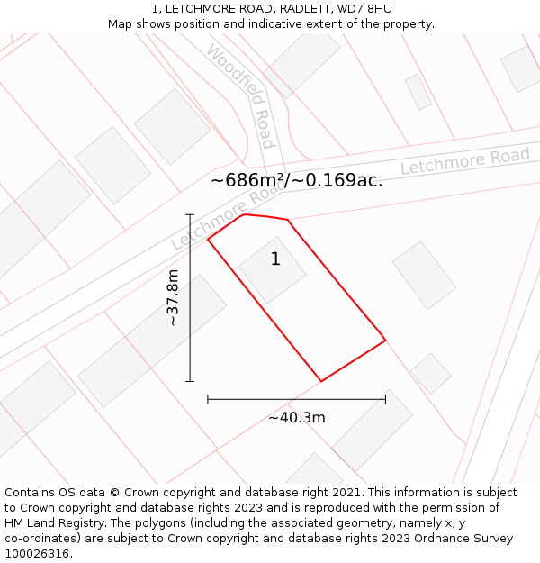 1, LETCHMORE ROAD, RADLETT, WD7 8HU: Plot and title map