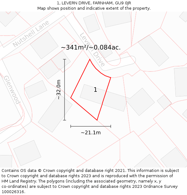 1, LEVERN DRIVE, FARNHAM, GU9 0JR: Plot and title map