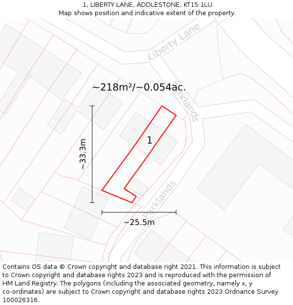 1, LIBERTY LANE, ADDLESTONE, KT15 1LU: Plot and title map