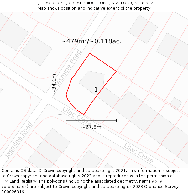 1, LILAC CLOSE, GREAT BRIDGEFORD, STAFFORD, ST18 9PZ: Plot and title map