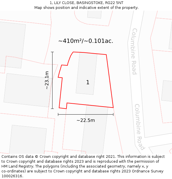 1, LILY CLOSE, BASINGSTOKE, RG22 5NT: Plot and title map