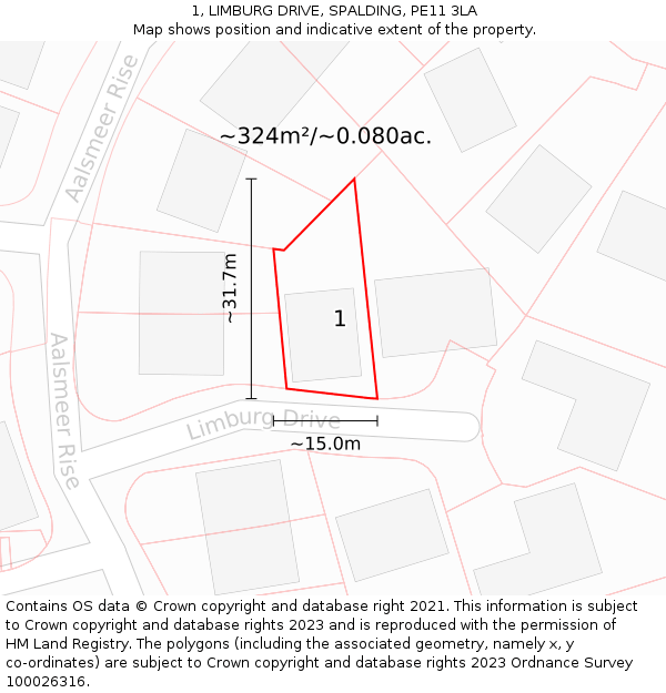 1, LIMBURG DRIVE, SPALDING, PE11 3LA: Plot and title map