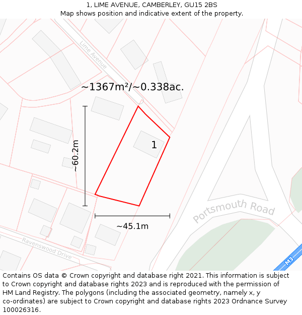 1, LIME AVENUE, CAMBERLEY, GU15 2BS: Plot and title map