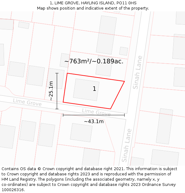 1, LIME GROVE, HAYLING ISLAND, PO11 0HS: Plot and title map