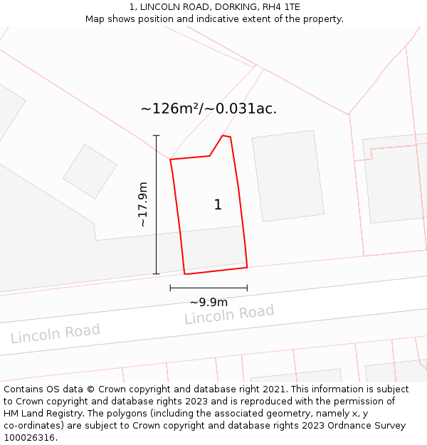 1, LINCOLN ROAD, DORKING, RH4 1TE: Plot and title map
