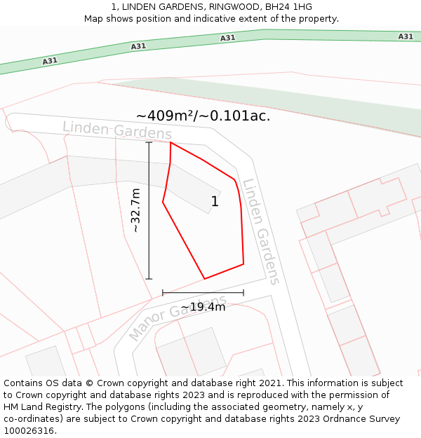 1, LINDEN GARDENS, RINGWOOD, BH24 1HG: Plot and title map