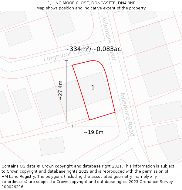 1, LING MOOR CLOSE, DONCASTER, DN4 9NF: Plot and title map