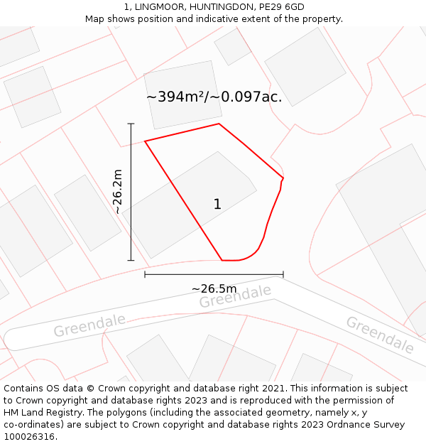 1, LINGMOOR, HUNTINGDON, PE29 6GD: Plot and title map