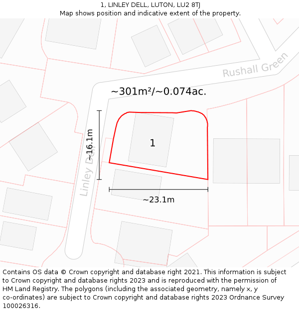 1, LINLEY DELL, LUTON, LU2 8TJ: Plot and title map