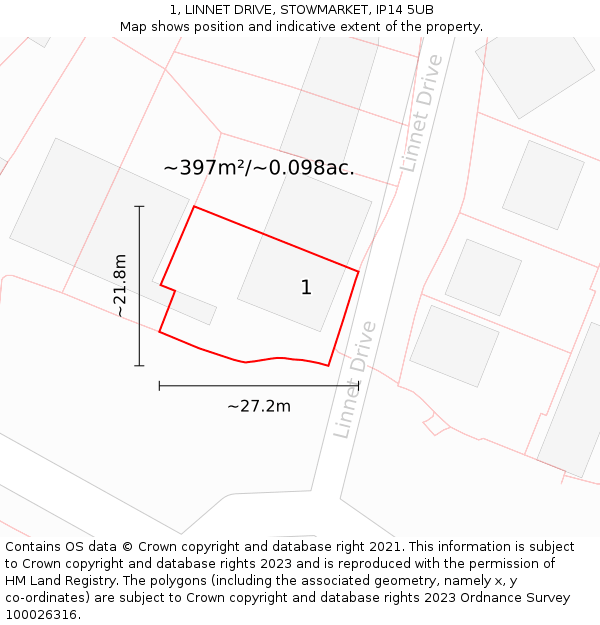 1, LINNET DRIVE, STOWMARKET, IP14 5UB: Plot and title map