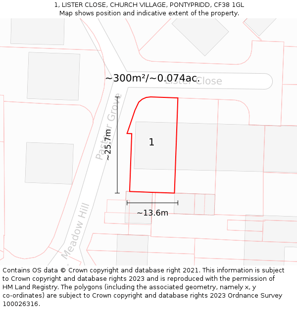 1, LISTER CLOSE, CHURCH VILLAGE, PONTYPRIDD, CF38 1GL: Plot and title map