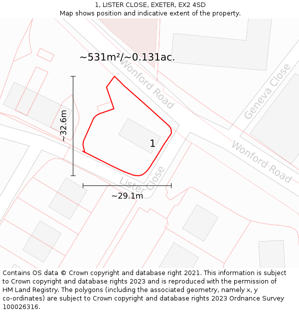 1, LISTER CLOSE, EXETER, EX2 4SD: Plot and title map