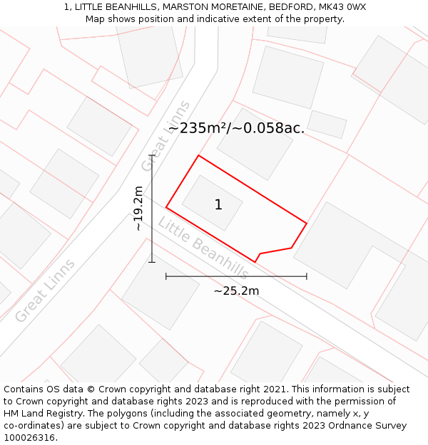 1, LITTLE BEANHILLS, MARSTON MORETAINE, BEDFORD, MK43 0WX: Plot and title map