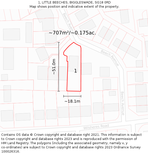 1, LITTLE BEECHES, BIGGLESWADE, SG18 0RD: Plot and title map