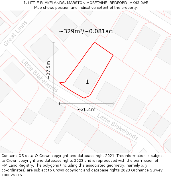 1, LITTLE BLAKELANDS, MARSTON MORETAINE, BEDFORD, MK43 0WB: Plot and title map
