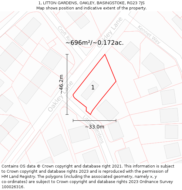 1, LITTON GARDENS, OAKLEY, BASINGSTOKE, RG23 7JS: Plot and title map