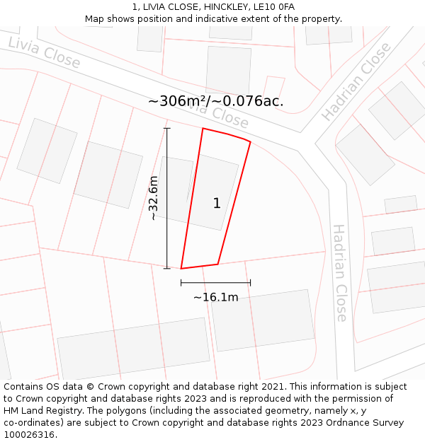 1, LIVIA CLOSE, HINCKLEY, LE10 0FA: Plot and title map