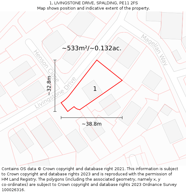 1, LIVINGSTONE DRIVE, SPALDING, PE11 2FS: Plot and title map