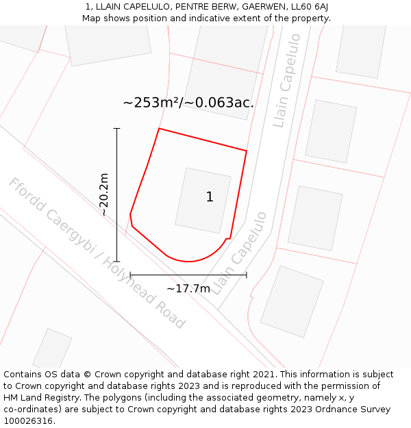 1, LLAIN CAPELULO, PENTRE BERW, GAERWEN, LL60 6AJ: Plot and title map