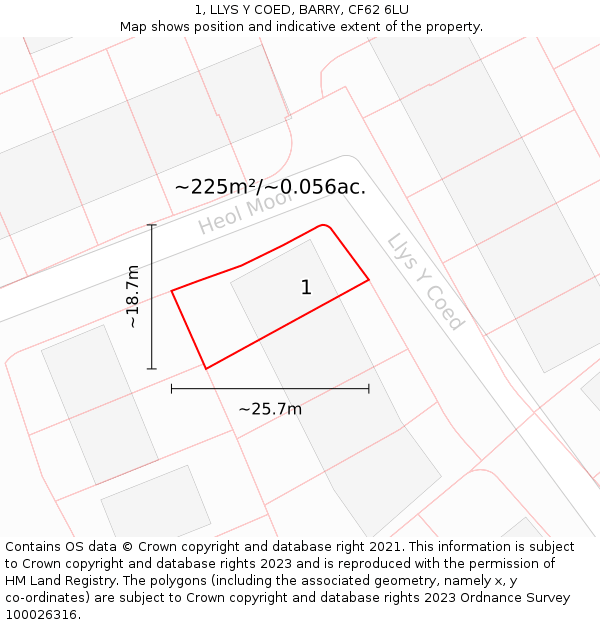 1, LLYS Y COED, BARRY, CF62 6LU: Plot and title map