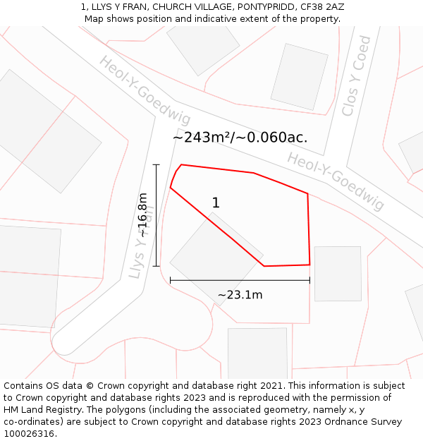 1, LLYS Y FRAN, CHURCH VILLAGE, PONTYPRIDD, CF38 2AZ: Plot and title map