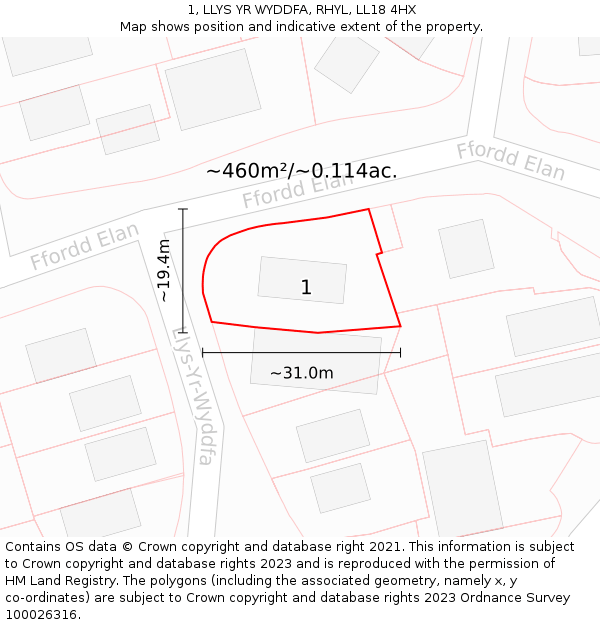 1, LLYS YR WYDDFA, RHYL, LL18 4HX: Plot and title map