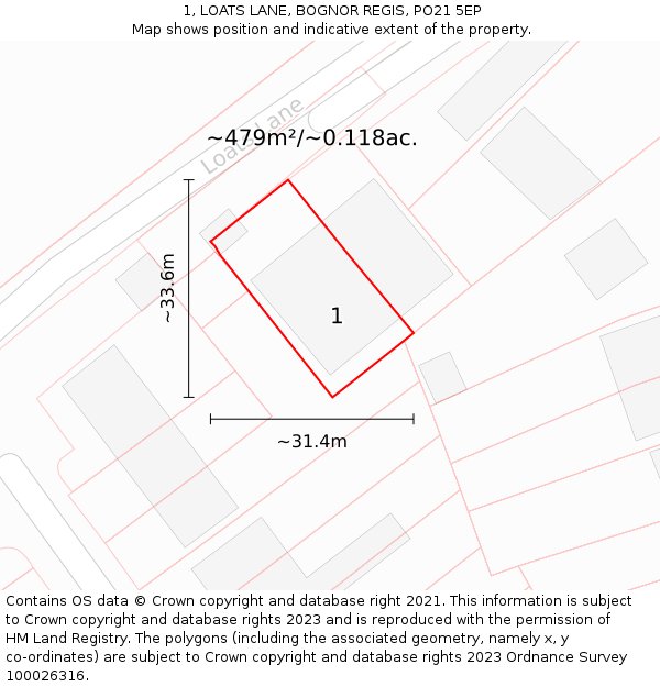 1, LOATS LANE, BOGNOR REGIS, PO21 5EP: Plot and title map