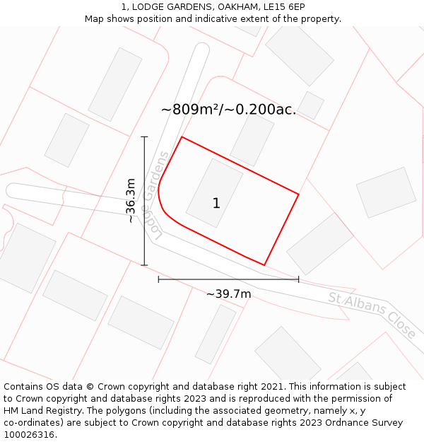 1, LODGE GARDENS, OAKHAM, LE15 6EP: Plot and title map