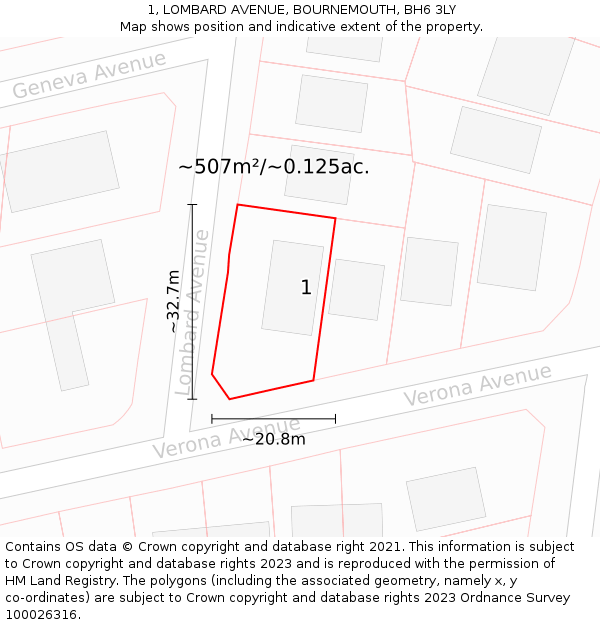1, LOMBARD AVENUE, BOURNEMOUTH, BH6 3LY: Plot and title map