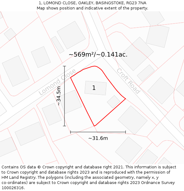 1, LOMOND CLOSE, OAKLEY, BASINGSTOKE, RG23 7NA: Plot and title map