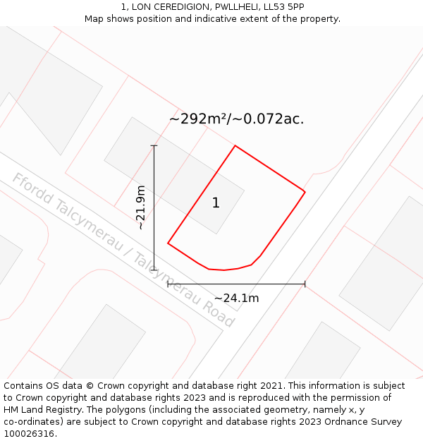 1, LON CEREDIGION, PWLLHELI, LL53 5PP: Plot and title map