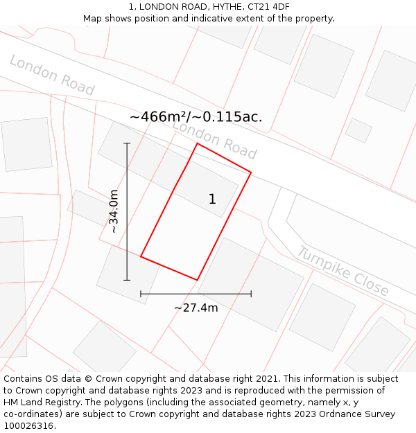 1, LONDON ROAD, HYTHE, CT21 4DF: Plot and title map