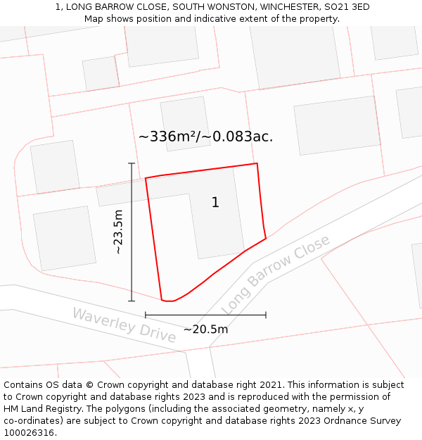 1, LONG BARROW CLOSE, SOUTH WONSTON, WINCHESTER, SO21 3ED: Plot and title map