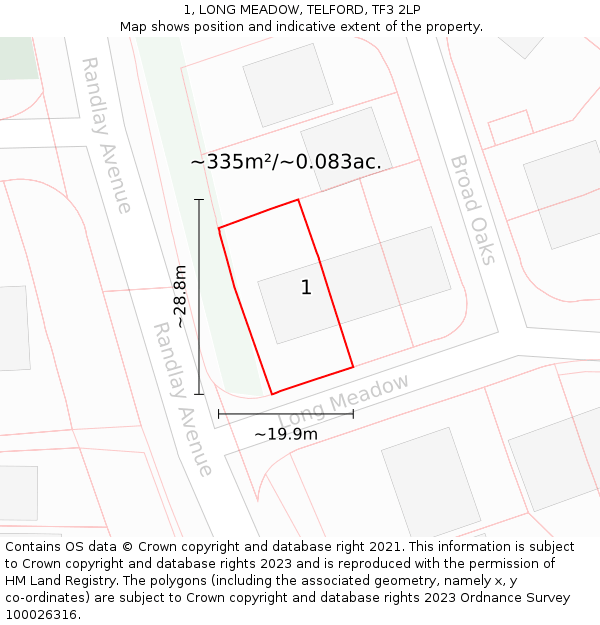 1, LONG MEADOW, TELFORD, TF3 2LP: Plot and title map