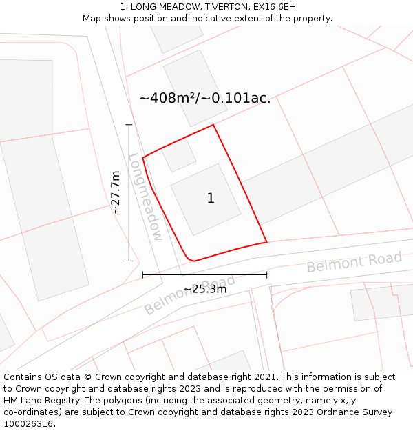 1, LONG MEADOW, TIVERTON, EX16 6EH: Plot and title map