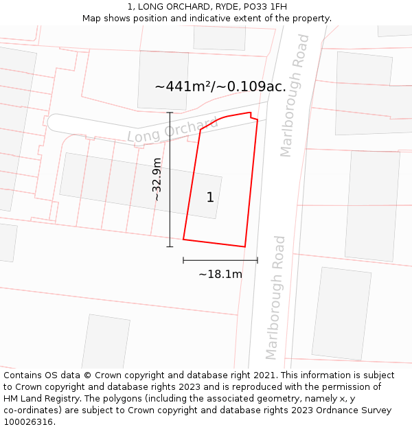 1, LONG ORCHARD, RYDE, PO33 1FH: Plot and title map