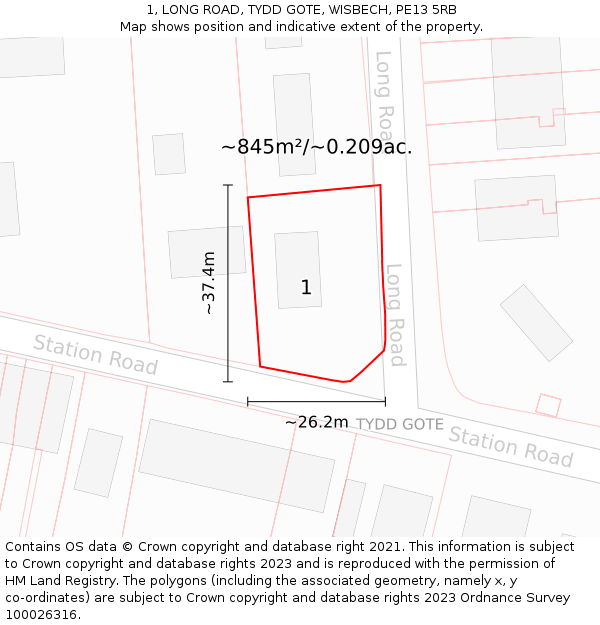 1, LONG ROAD, TYDD GOTE, WISBECH, PE13 5RB: Plot and title map