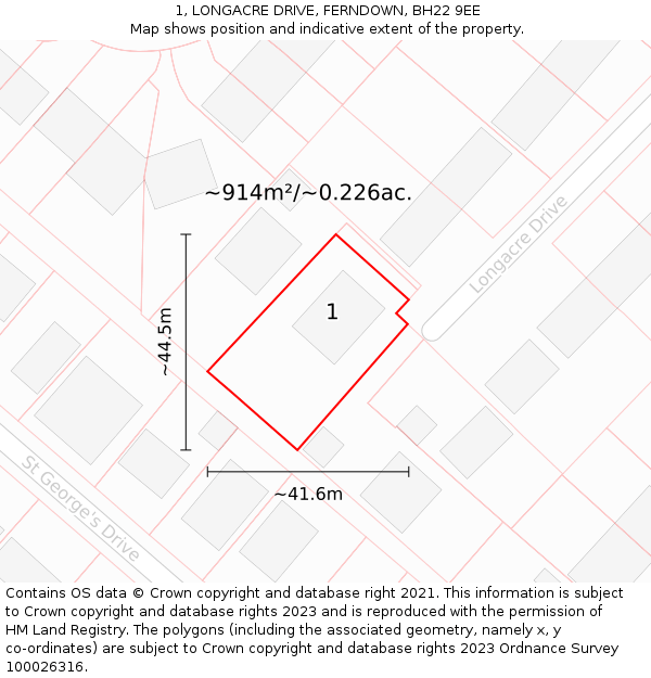 1, LONGACRE DRIVE, FERNDOWN, BH22 9EE: Plot and title map