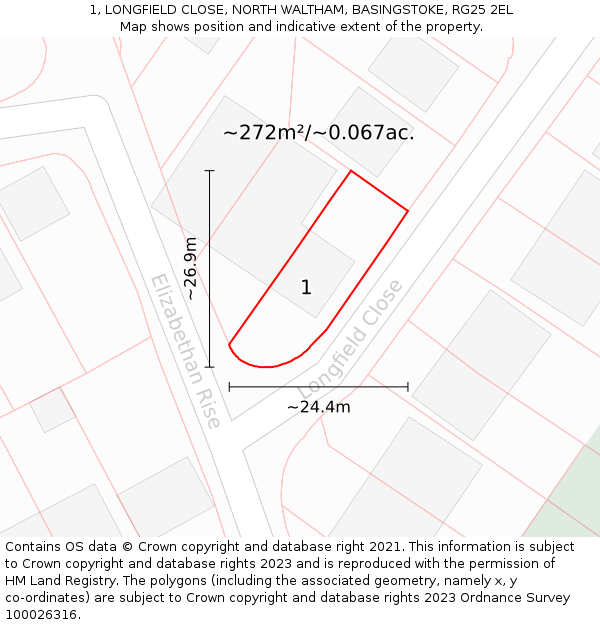 1, LONGFIELD CLOSE, NORTH WALTHAM, BASINGSTOKE, RG25 2EL: Plot and title map