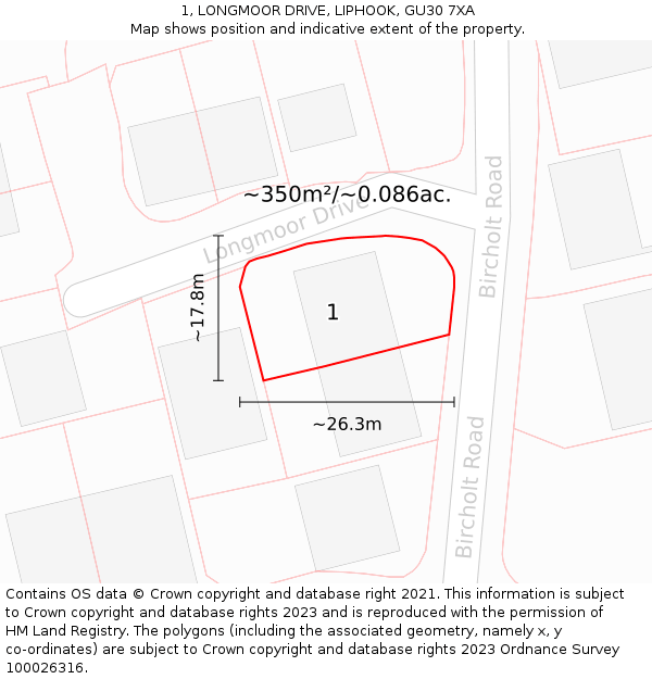 1, LONGMOOR DRIVE, LIPHOOK, GU30 7XA: Plot and title map