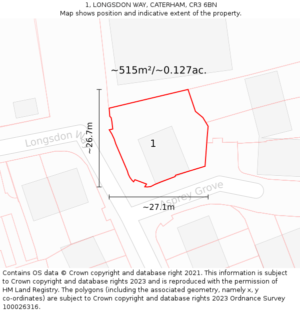 1, LONGSDON WAY, CATERHAM, CR3 6BN: Plot and title map